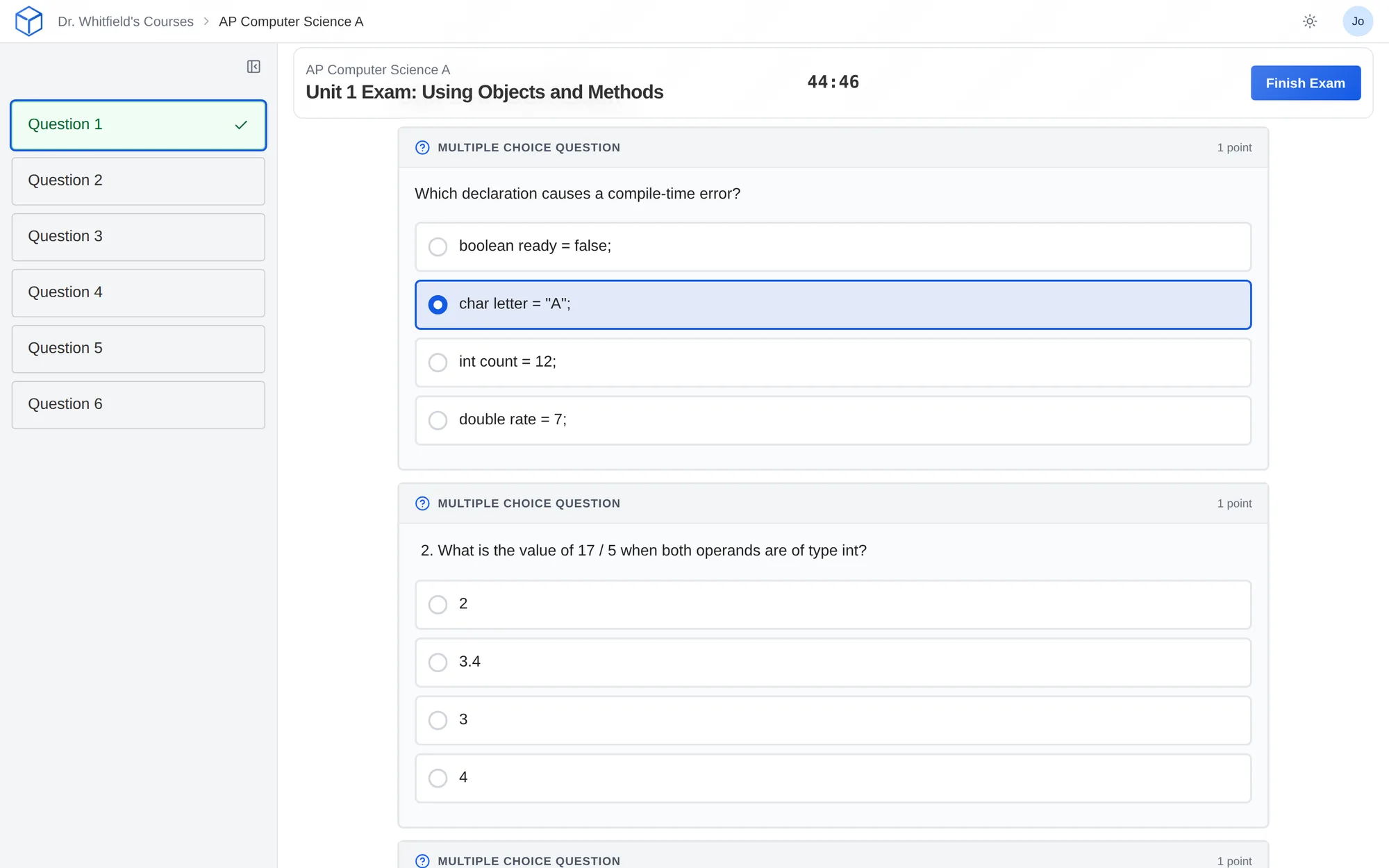 A student taking a timed exam with a question list and countdown timer